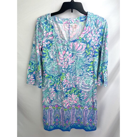 Lilly Pulitzer Size M Blue Pink Sherrill Multi in Full Bloom Dress 3/4 Sleeve - Picture 1 of 7